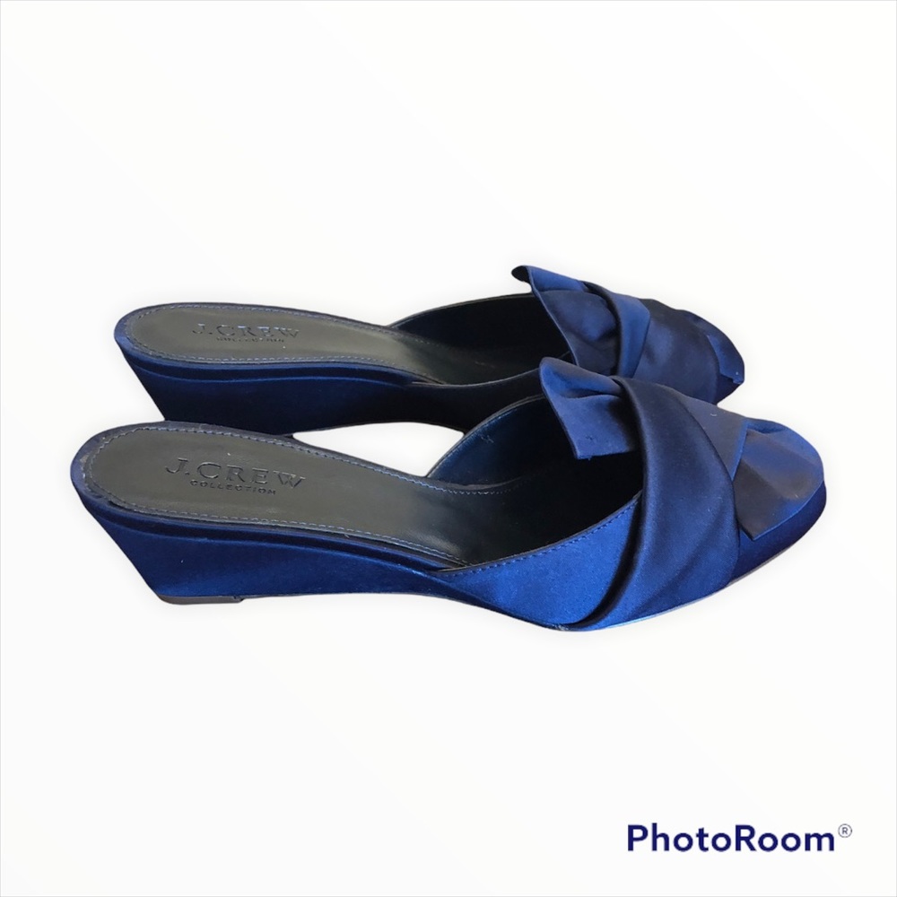J.Crew Collection Navy Blue Satin Mules Wedge Heel women’s Size 7 New